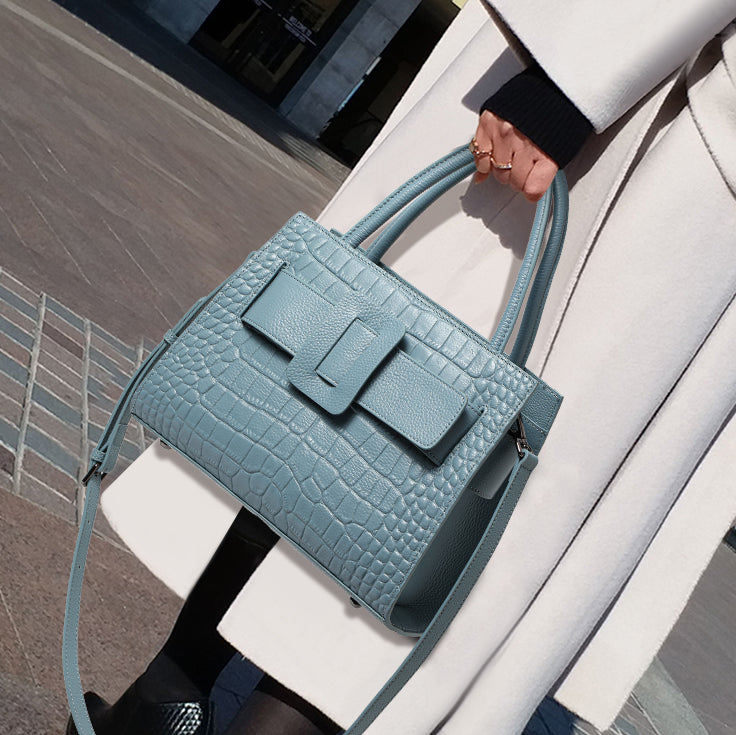 Genuine Cowhide Crocodile Embossed Womens Structured Tote Handbag,Two Color Multi Compartment Detachable Strap Shoulder Bag
