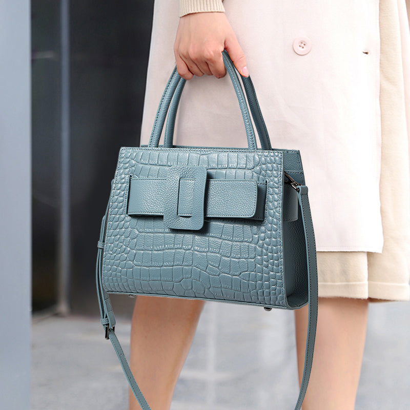 Genuine Cowhide Crocodile Embossed Womens Structured Tote Handbag,Two Color Multi Compartment Detachable Strap Shoulder Bag
