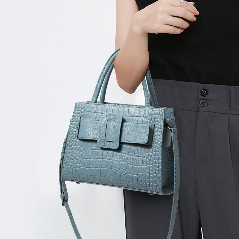 Genuine Cowhide Crocodile Embossed Womens Structured Tote Handbag,Two Color Multi Compartment Detachable Strap Shoulder Bag