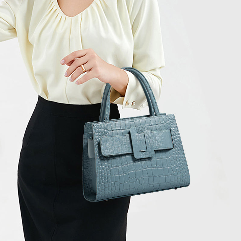Genuine Cowhide Crocodile Embossed Womens Structured Tote Handbag,Two Color Multi Compartment Detachable Strap Shoulder Bag