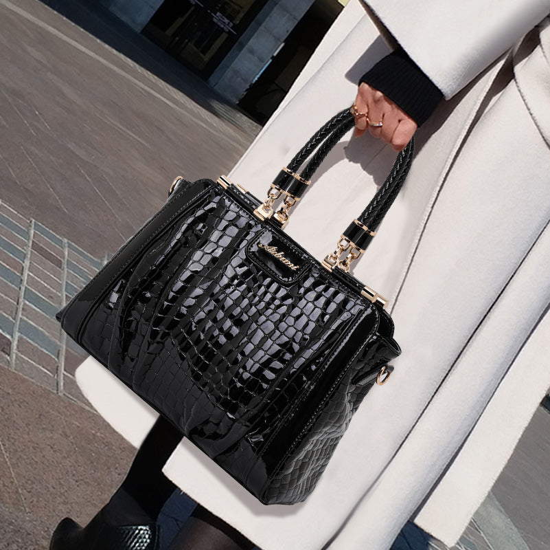 Genuine Cowhide Glossy Crocodile Embossed Womens Doctor Handbag,Black Multi Compartment Detachable Chain Single Shoulder Bag