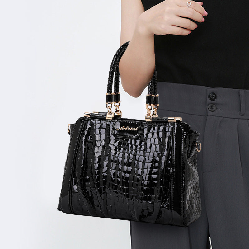 Genuine Cowhide Glossy Crocodile Embossed Womens Doctor Handbag,Black Multi Compartment Detachable Chain Single Shoulder Bag