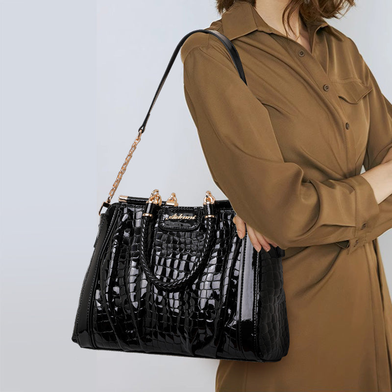Genuine Cowhide Glossy Crocodile Embossed Womens Doctor Handbag,Black Multi Compartment Detachable Chain Single Shoulder Bag