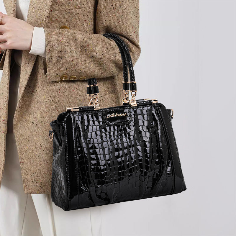 Genuine Cowhide Glossy Crocodile Embossed Womens Doctor Handbag,Black Multi Compartment Detachable Chain Single Shoulder Bag