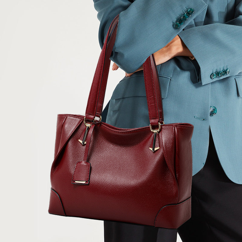 Genuine Cowhide Pebbled Leather Womens Large Capacity Tote Bag,Wine Red Multi Compartment Adjustable Single Shoulder Handbag