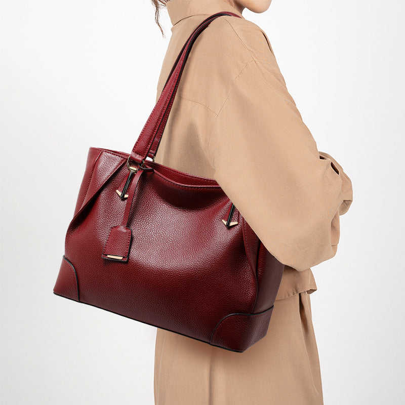 Genuine Cowhide Pebbled Leather Womens Large Capacity Tote Bag,Wine Red Multi Compartment Adjustable Single Shoulder Handbag