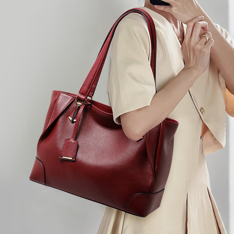 Genuine Cowhide Pebbled Leather Womens Large Capacity Tote Bag,Wine Red Multi Compartment Adjustable Single Shoulder Handbag