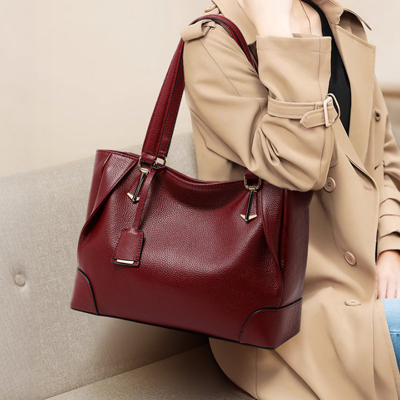 Genuine Cowhide Pebbled Leather Womens Large Capacity Tote Bag,Wine Red Multi Compartment Adjustable Single Shoulder Handbag