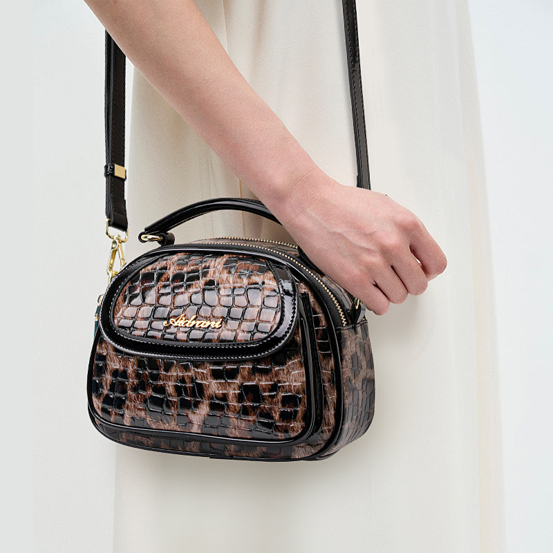 Genuine Cowhide Crocodile Leopard Print Womens Mini Oval Handbag,Glossy Multi Compartment Adjustable Crossbody Shoulder Bag