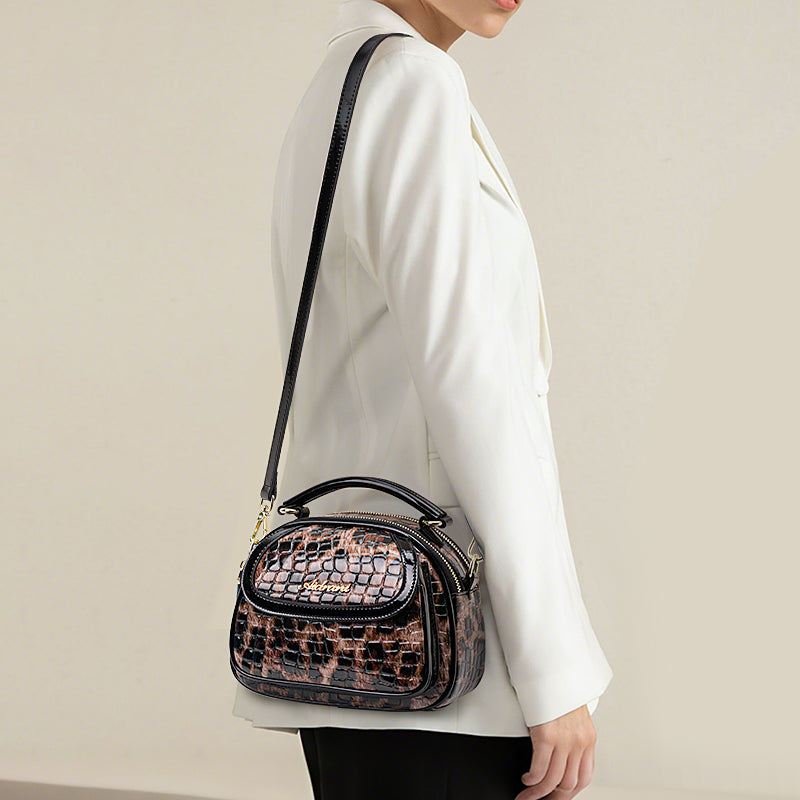 Genuine Cowhide Crocodile Leopard Print Womens Mini Oval Handbag,Glossy Multi Compartment Adjustable Crossbody Shoulder Bag