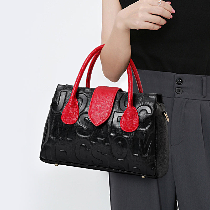 Genuine Cowhide Embossed Letter Color Block Womens Structured Pillow Handbag,Pebbled Multi Compartment Adjustable Crossbody Shoulder Bag