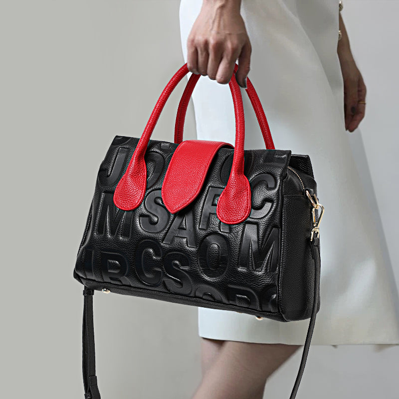 Genuine Cowhide Embossed Letter Color Block Womens Structured Pillow Handbag,Pebbled Multi Compartment Adjustable Crossbody Shoulder Bag