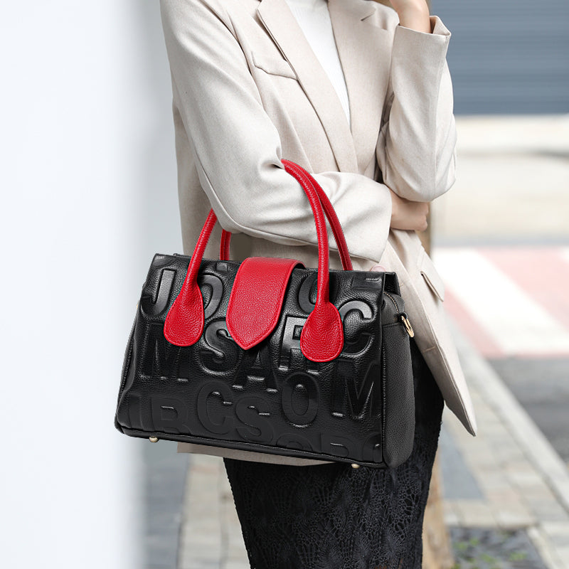 Genuine Cowhide Embossed Letter Color Block Womens Structured Pillow Handbag,Pebbled Multi Compartment Adjustable Crossbody Shoulder Bag