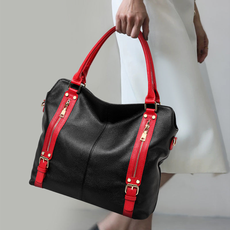 Genuine Cowhide Color Block Pebbled Womens Oversized Hobo Tote Bag,Soft Spacious Multi Zipper Pocket Travel Crossbody Shoulder Handbag