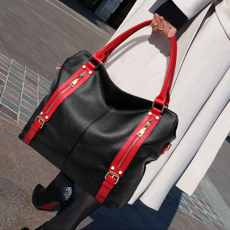 Genuine Cowhide Color Block Pebbled Womens Oversized Hobo Tote Bag,Soft Spacious Multi Zipper Pocket Travel Crossbody Shoulder Handbag