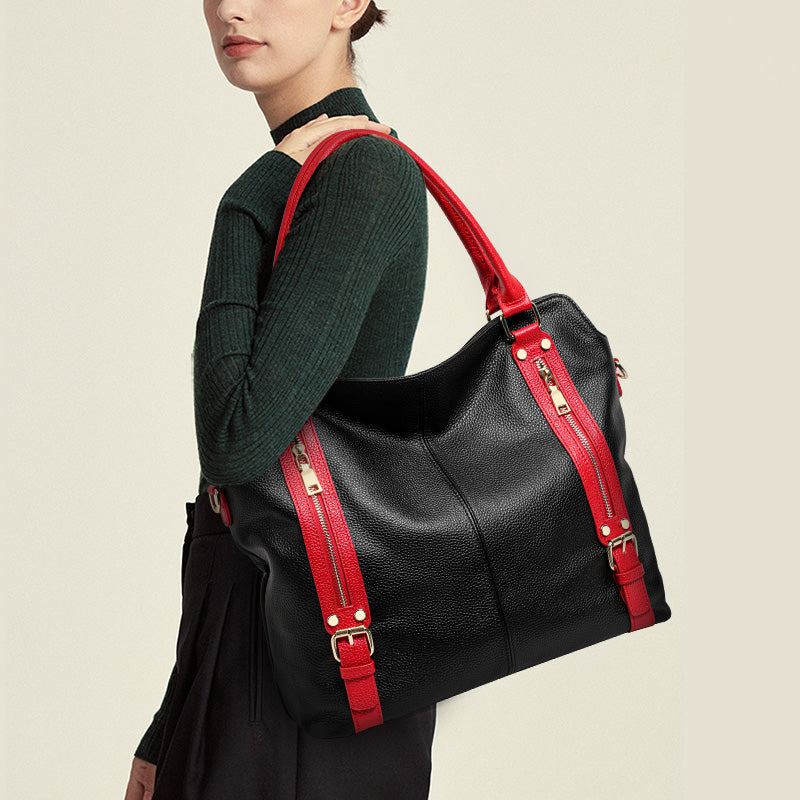 Genuine Cowhide Color Block Pebbled Womens Oversized Hobo Tote Bag,Soft Spacious Multi Zipper Pocket Travel Crossbody Shoulder Handbag