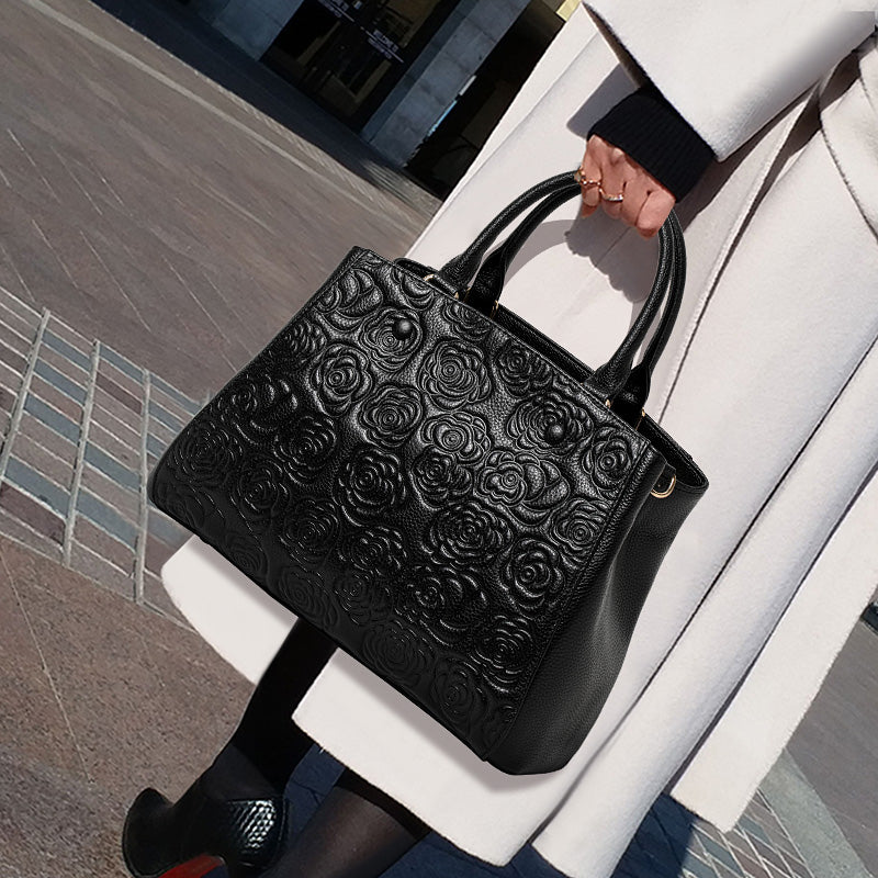 Genuine Cowhide Embossed Rose Floral Womens Commute Handbag,Horizontal Spacious Multi Pocket Business Crossbody Shoulder Tote Purse