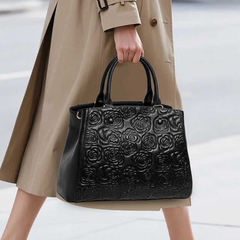 Genuine Cowhide Embossed Rose Floral Womens Commute Handbag,Horizontal Spacious Multi Pocket Business Crossbody Shoulder Tote Purse
