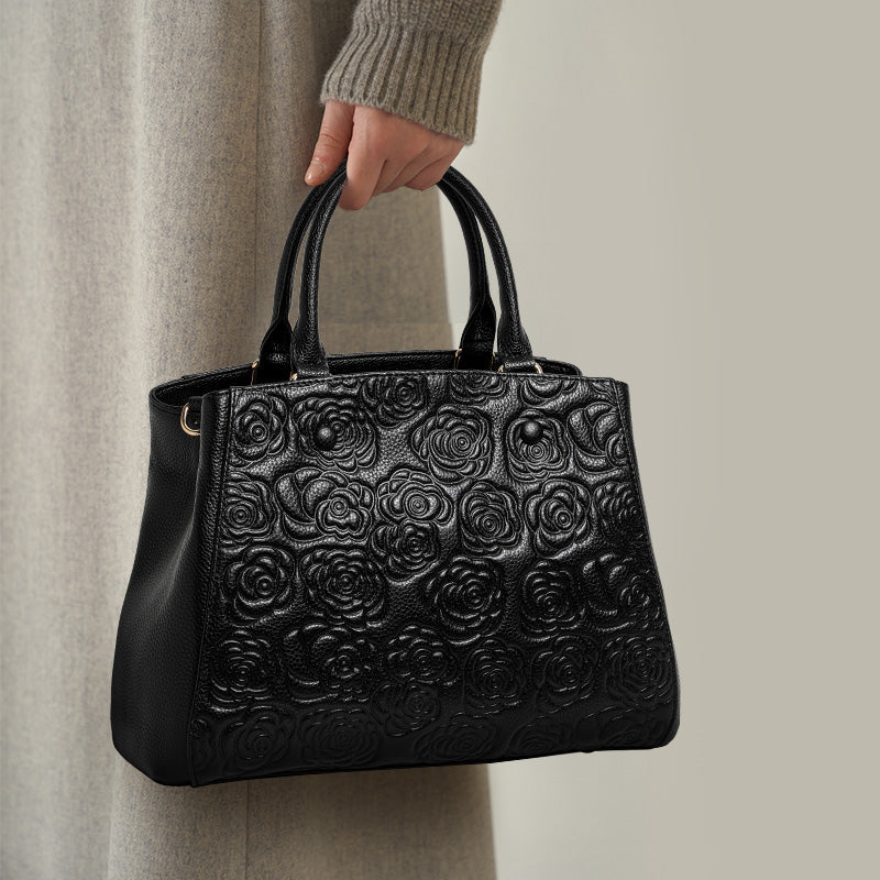 Genuine Cowhide Embossed Rose Floral Womens Commute Handbag,Horizontal Spacious Multi Pocket Business Crossbody Shoulder Tote Purse