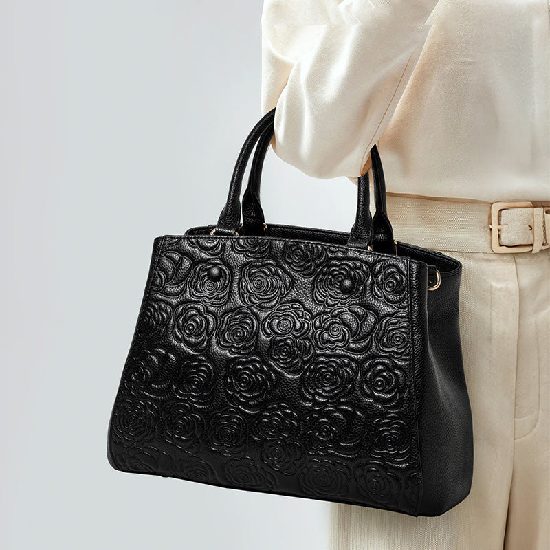 Genuine Cowhide Embossed Rose Floral Womens Commute Handbag,Horizontal Spacious Multi Pocket Business Crossbody Shoulder Tote Purse