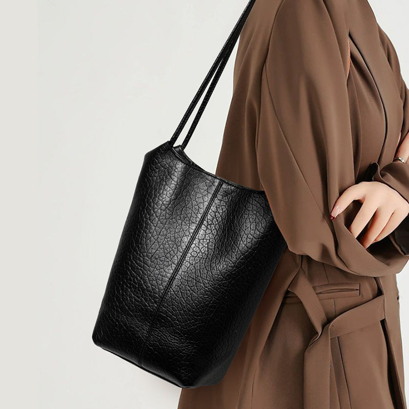 Genuine Natural Cowhide Bubble Grain Womens Mini Bucket Handbag,Vertical Ultra Lightweight Multi Pocket Casual Daily Commute Travel Shoulder Purse