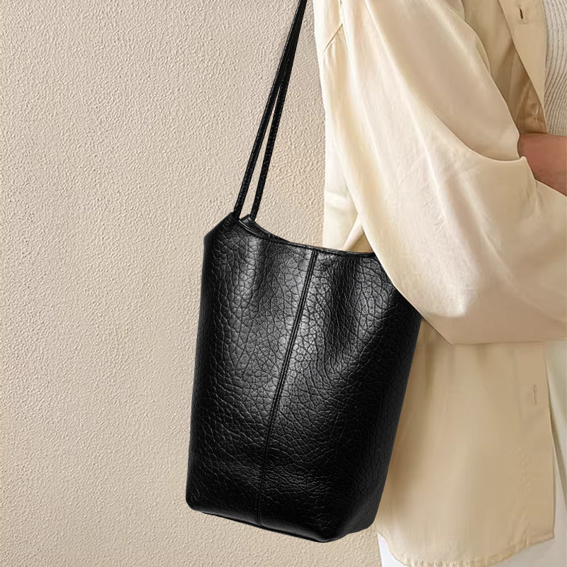 Genuine Natural Cowhide Bubble Grain Womens Mini Bucket Handbag,Vertical Ultra Lightweight Multi Pocket Casual Daily Commute Travel Shoulder Purse
