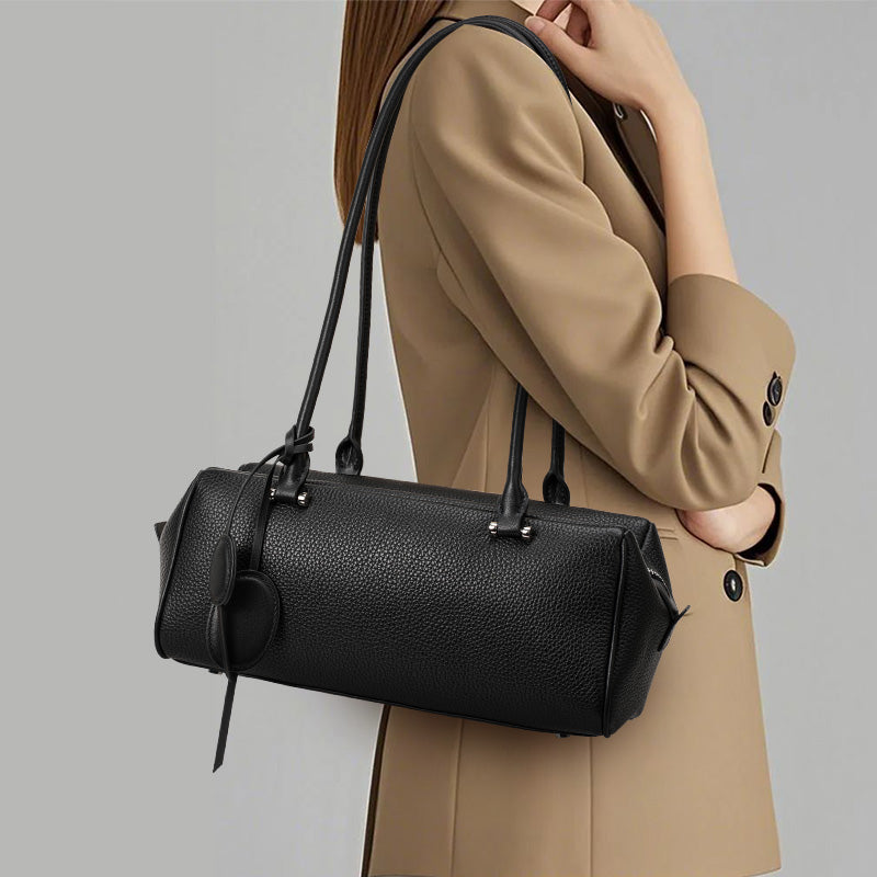 Genuine Cowhide Pebbled Leather Womens Underarm Handbag,Long Cylinder Multi Pocket Minimalist Daily Commute Street Fashion Shoulder Purse