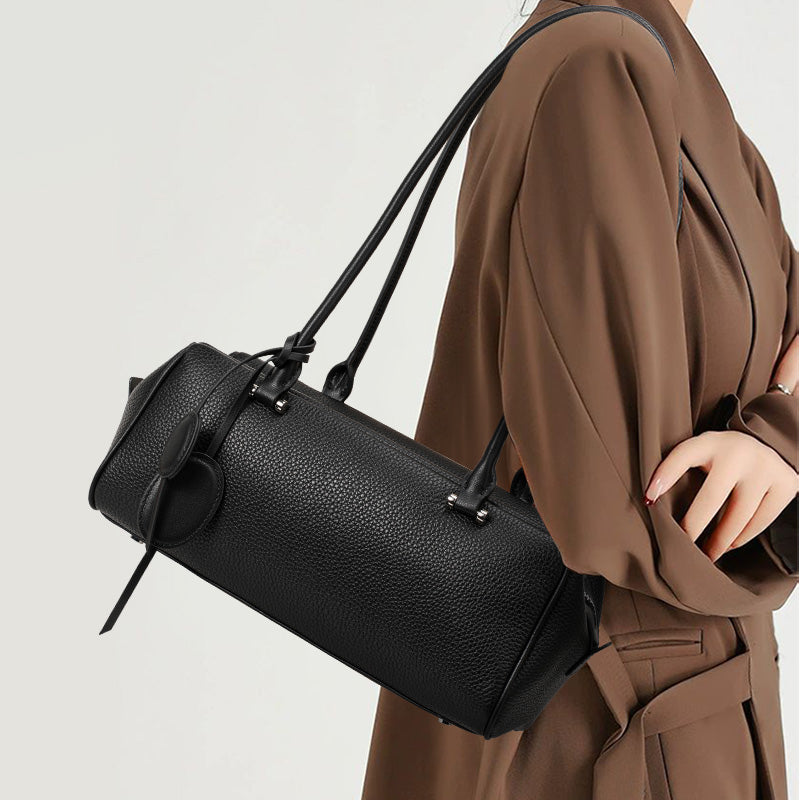 Genuine Cowhide Pebbled Leather Womens Underarm Handbag,Long Cylinder Multi Pocket Minimalist Daily Commute Street Fashion Shoulder Purse