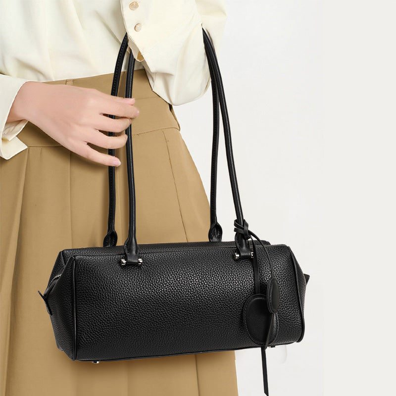 Genuine Cowhide Pebbled Leather Womens Underarm Handbag,Long Cylinder Multi Pocket Minimalist Daily Commute Street Fashion Shoulder Purse