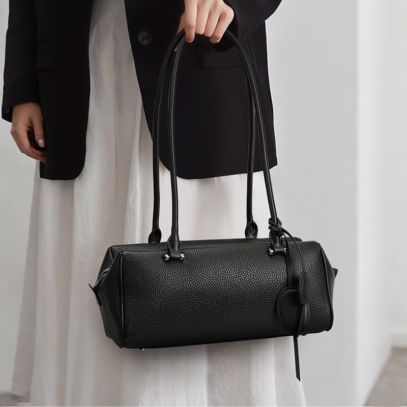 Genuine Cowhide Pebbled Leather Womens Underarm Handbag,Long Cylinder Multi Pocket Minimalist Daily Commute Street Fashion Shoulder Purse