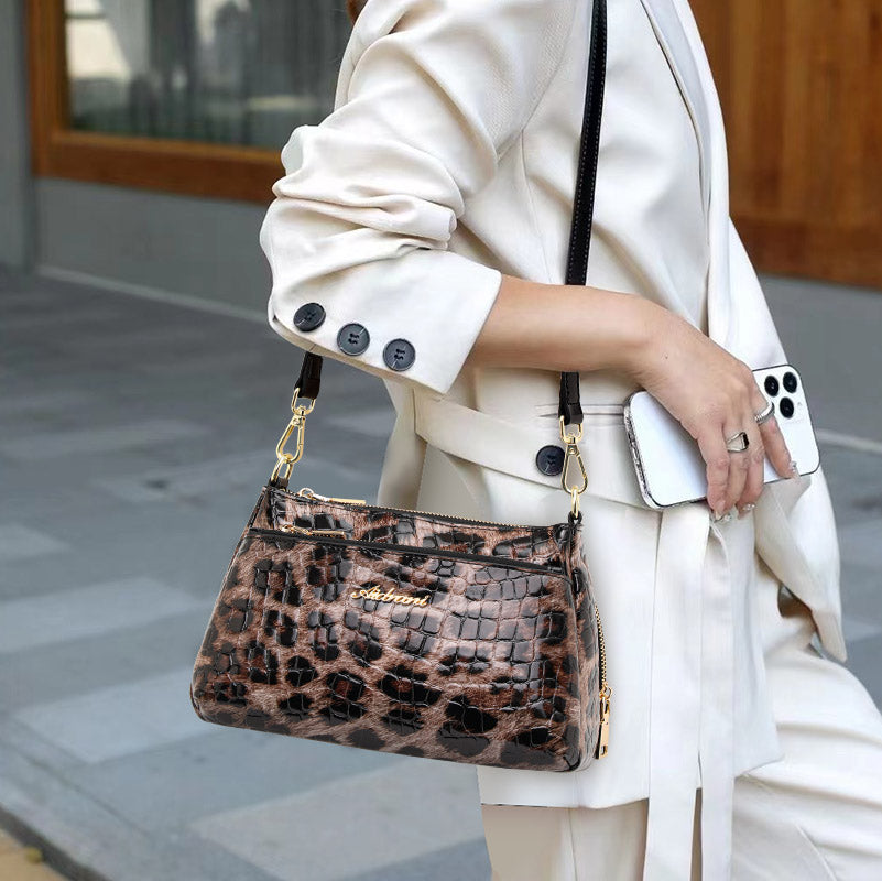 Genuine Cowhide Leopard Croc Embossed Womens Underarm Crossbody Bag,Adjustable Detachable Strap Multi Pocket Vintage Shoulder Purse