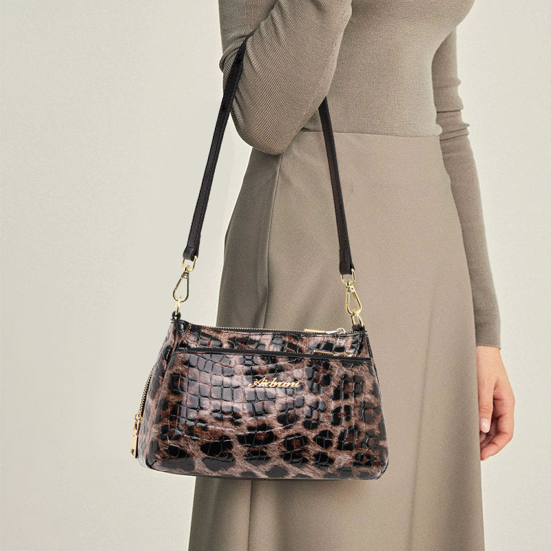 Genuine Cowhide Leopard Croc Embossed Womens Underarm Crossbody Bag,Adjustable Detachable Strap Multi Pocket Vintage Shoulder Purse
