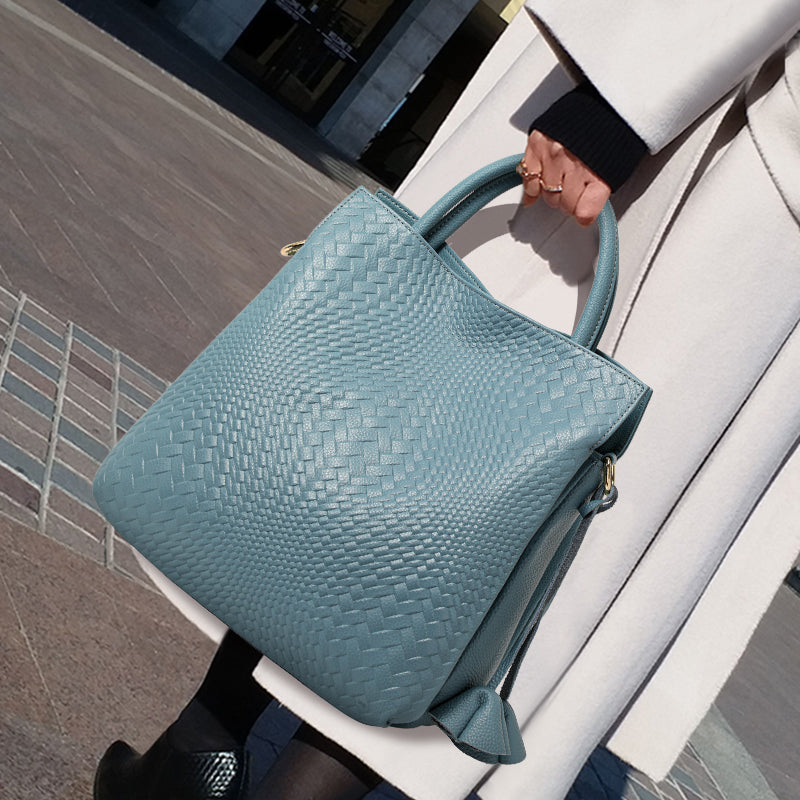 Genuine Cowhide Womens Woven Tote Handbag,Multi Color Vertical Shoulder Purse,Detachable Crossbody Strap Large Capacity Daily Bag