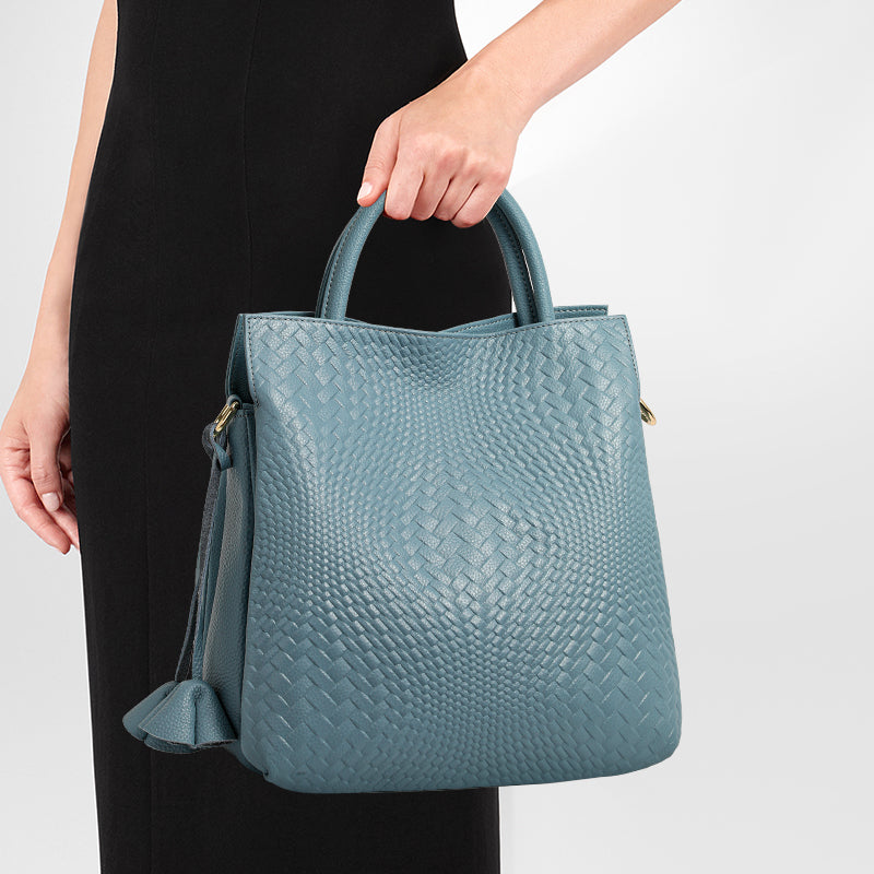 Genuine Cowhide Womens Woven Tote Handbag,Multi Color Vertical Shoulder Purse,Detachable Crossbody Strap Large Capacity Daily Bag