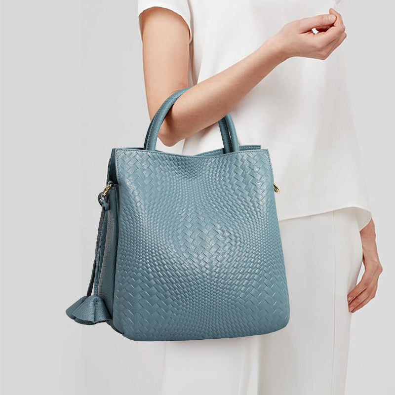 Genuine Cowhide Womens Woven Tote Handbag,Multi Color Vertical Shoulder Purse,Detachable Crossbody Strap Large Capacity Daily Bag