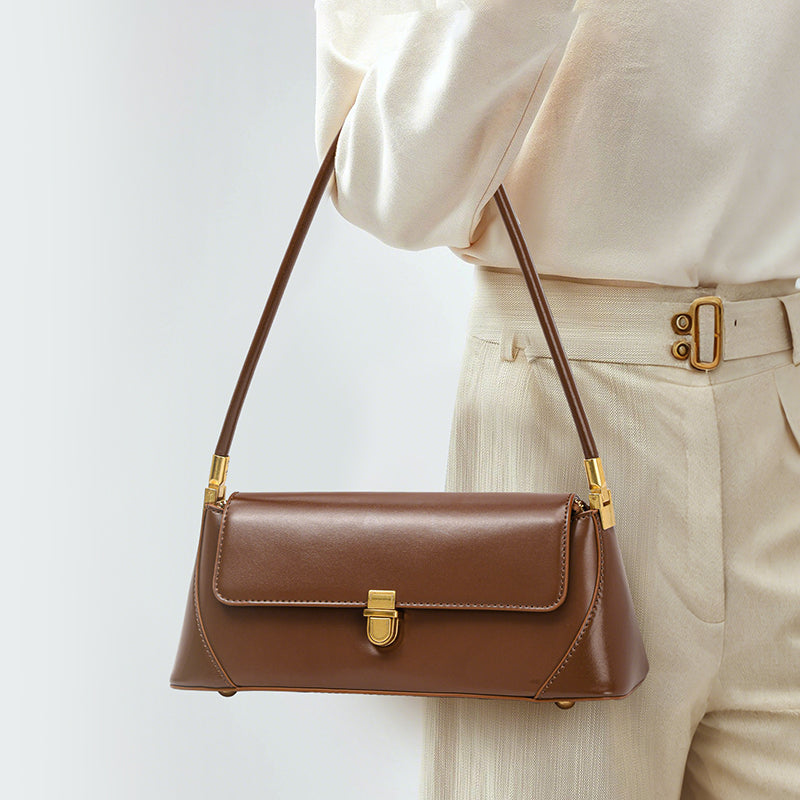 Genuine Cowhide Womens Underarm Shoulder Bag,Smooth Glossy Leather Retro Flap Handbag,Long Strap Rectangular Shoulder Purse