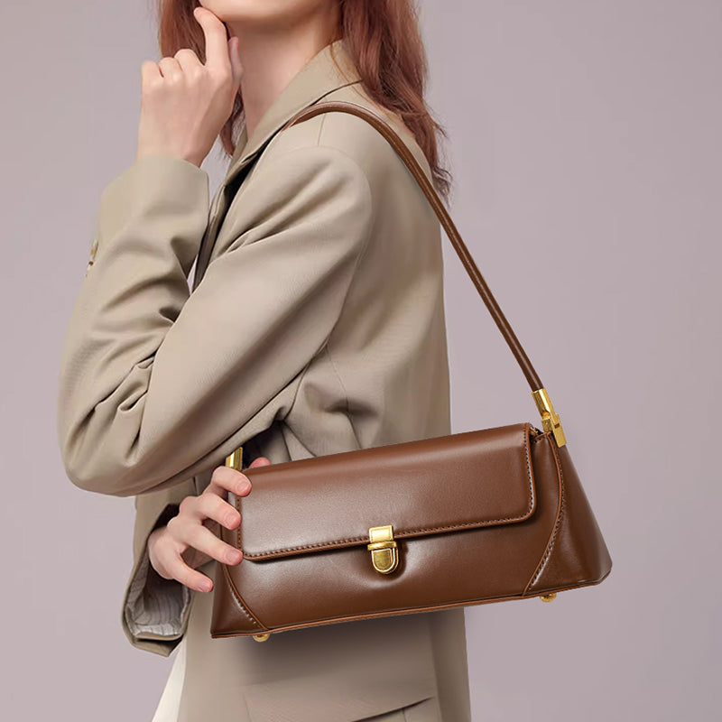 Genuine Cowhide Womens Underarm Shoulder Bag,Smooth Glossy Leather Retro Flap Handbag,Long Strap Rectangular Shoulder Purse