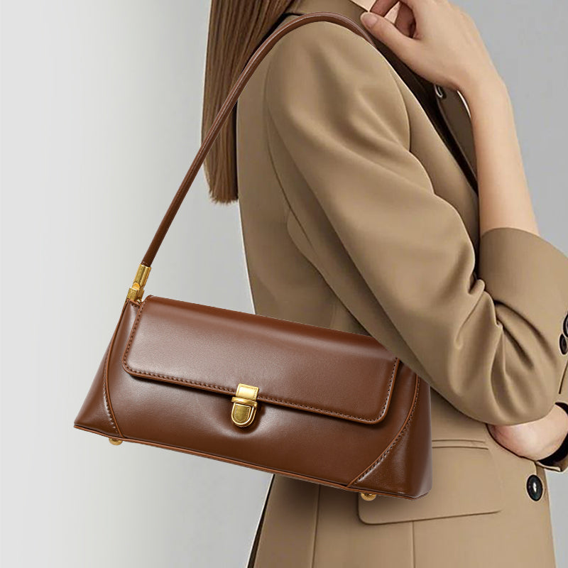 Genuine Cowhide Womens Underarm Shoulder Bag,Smooth Glossy Leather Retro Flap Handbag,Long Strap Rectangular Shoulder Purse
