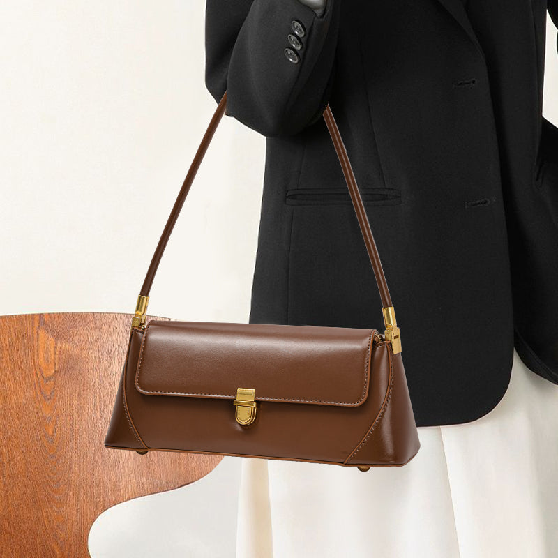 Genuine Cowhide Womens Underarm Shoulder Bag,Smooth Glossy Leather Retro Flap Handbag,Long Strap Rectangular Shoulder Purse