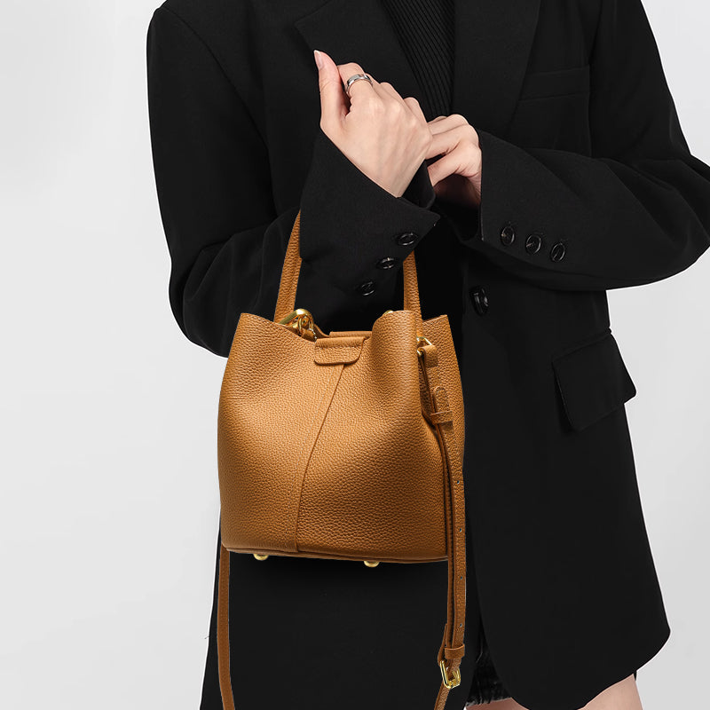 Genuine Cowhide Womens Bucket Handbag,Pebbled Grain Crossbody Purse,Adjustable Strap Mini Bag With Matching Coin Pouch