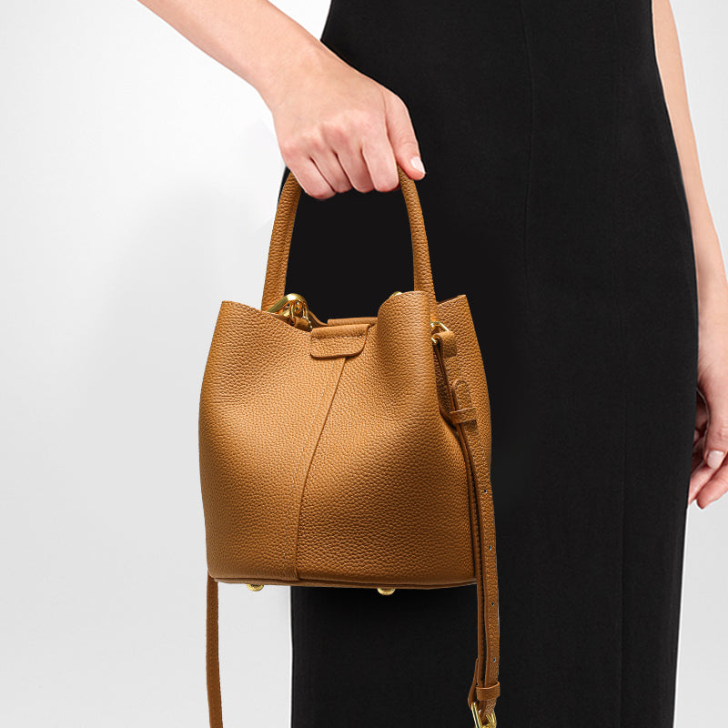 Genuine Cowhide Womens Bucket Handbag,Pebbled Grain Crossbody Purse,Adjustable Strap Mini Bag With Matching Coin Pouch