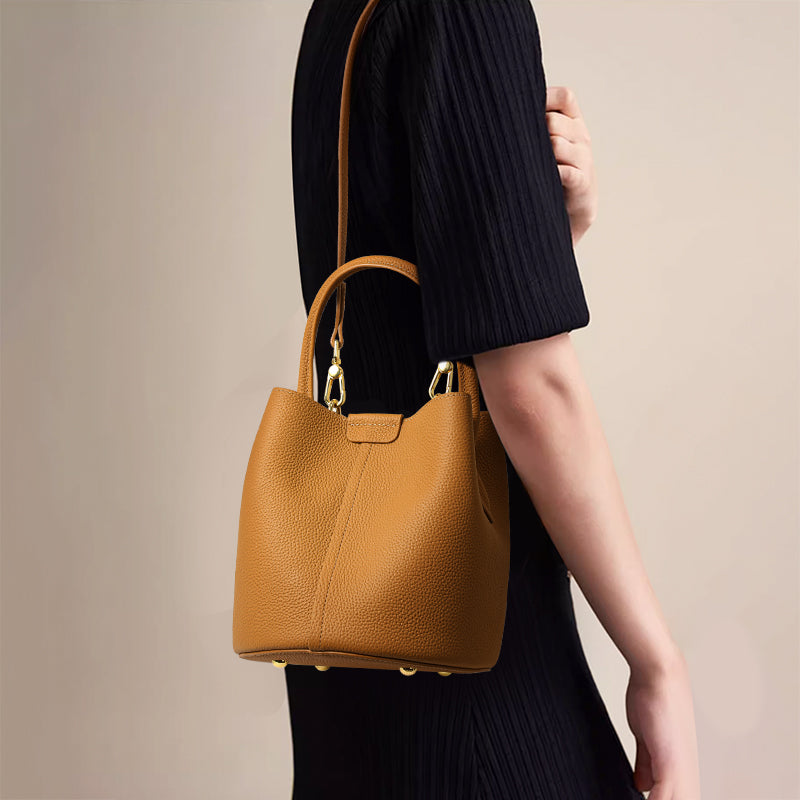 Genuine Cowhide Womens Bucket Handbag,Pebbled Grain Crossbody Purse,Adjustable Strap Mini Bag With Matching Coin Pouch