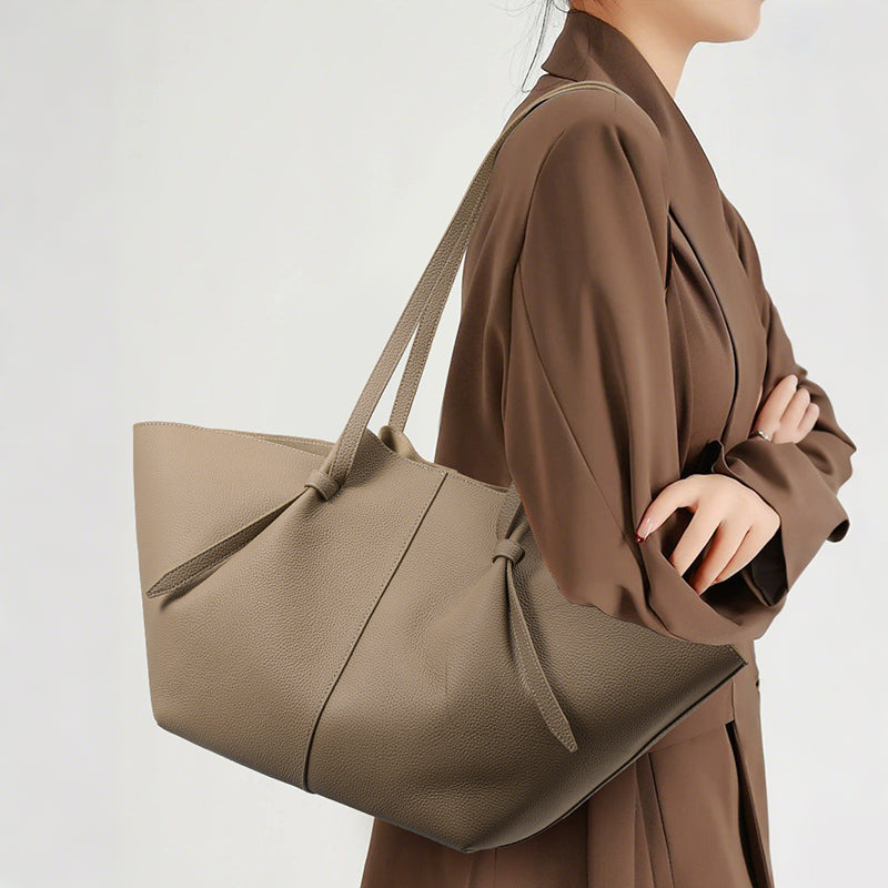 Genuine Cowhide Womens Shoulder Tote Bag,Pebbled Fan Shaped 子母 Purse,Apricot Large Capacity Commute Handbag With Drawstring Inner Pouch