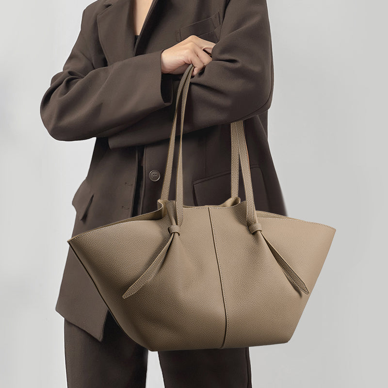 Genuine Cowhide Womens Shoulder Tote Bag,Pebbled Fan Shaped 子母 Purse,Apricot Large Capacity Commute Handbag With Drawstring Inner Pouch