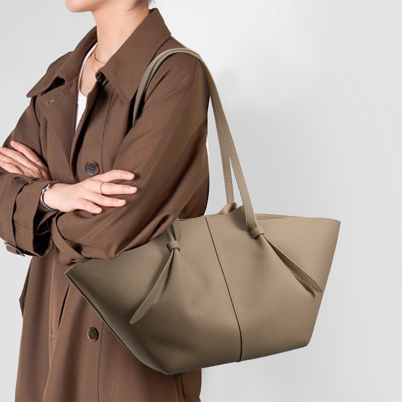 Genuine Cowhide Womens Shoulder Tote Bag,Pebbled Fan Shaped 子母 Purse,Apricot Large Capacity Commute Handbag With Drawstring Inner Pouch