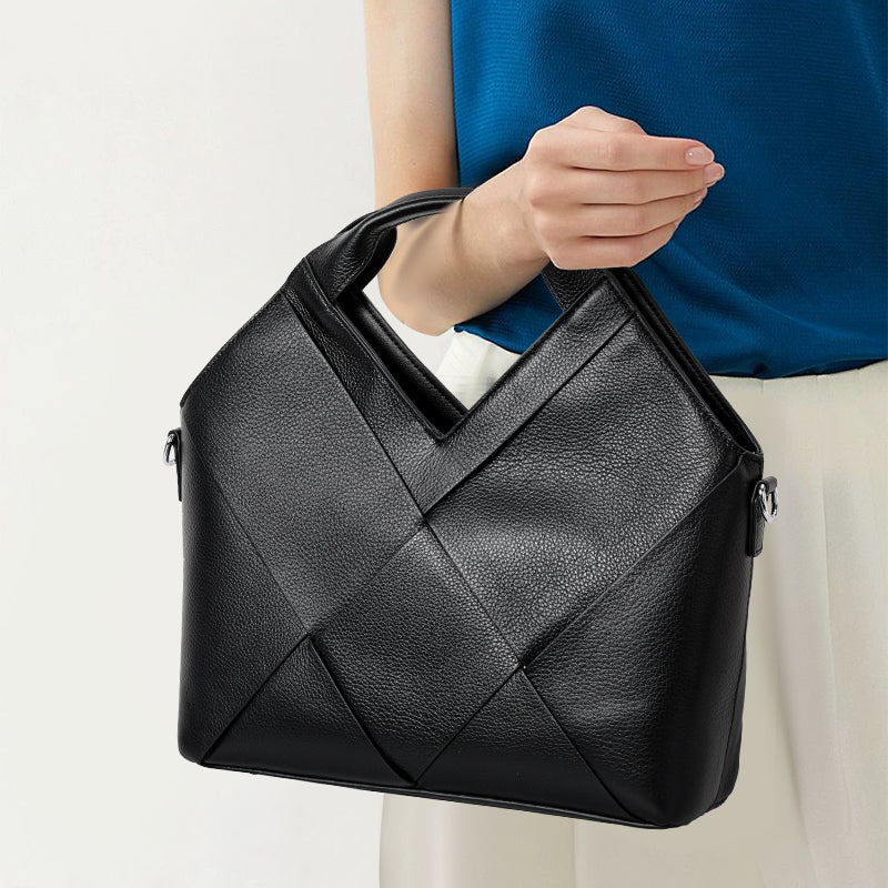 Genuine Cowhide Womens Handheld Tote Bag,Pebbled Diamond Woven Shoulder Purse,Black Large Capacity Business Commute Handbag