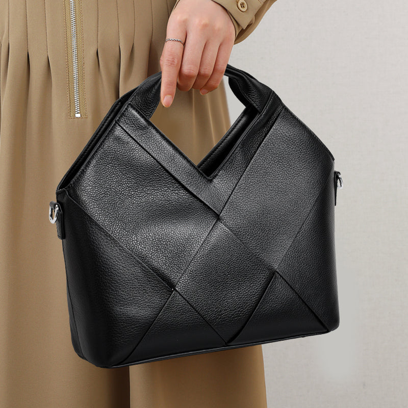 Genuine Cowhide Womens Handheld Tote Bag,Pebbled Diamond Woven Shoulder Purse,Black Large Capacity Business Commute Handbag