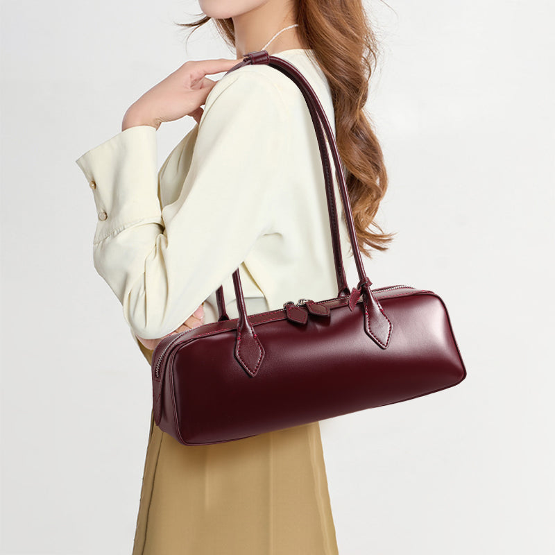 Genuine Cowhide Womens Underarm Shoulder Bag,Smooth Glossy Barrel Handbag,Burgundy Vintage Commute Cylinder Purse