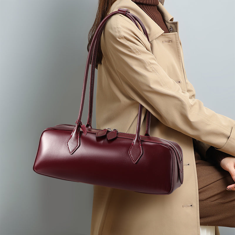 Genuine Cowhide Womens Underarm Shoulder Bag,Smooth Glossy Barrel Handbag,Burgundy Vintage Commute Cylinder Purse