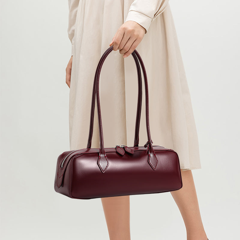 Genuine Cowhide Womens Underarm Shoulder Bag,Smooth Glossy Barrel Handbag,Burgundy Vintage Commute Cylinder Purse